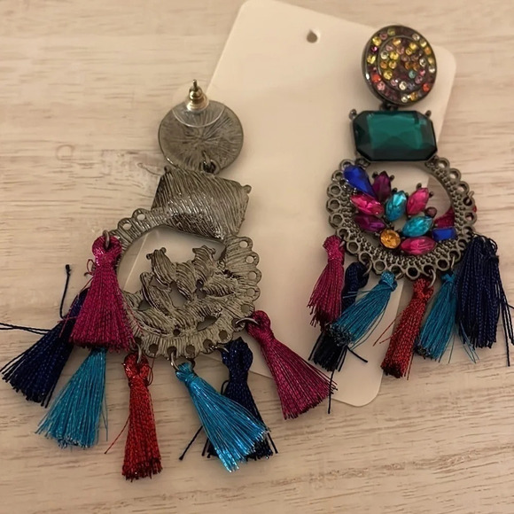 Women’s earrings Bold Statement dangle post back colorful tassels and stones - Picture 5 of 6